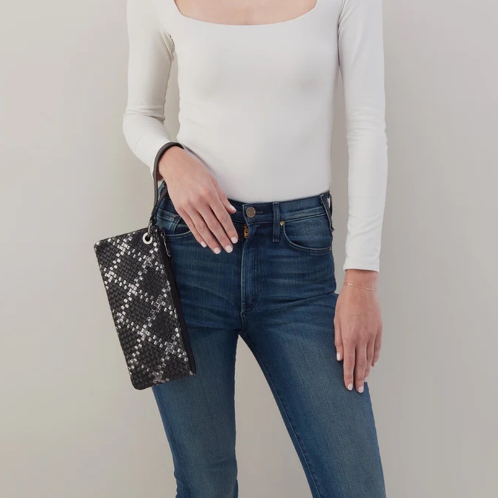 NEW HOBO
Vida Black Metallic Woven Leather Wristlet In Black/Silver